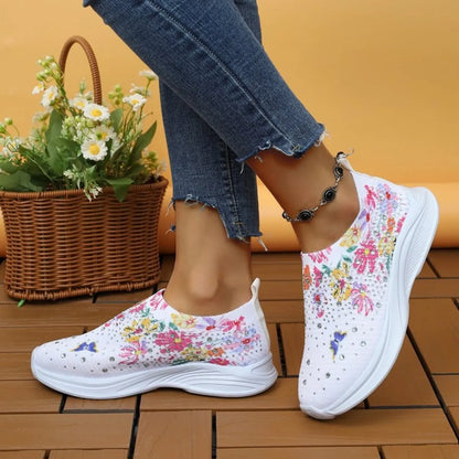Rhinestone Floral Print Sneakers - Fashorio