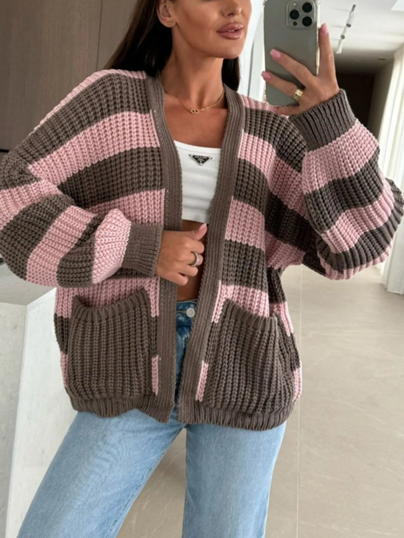 Striped Open Front Long Sleeve Cardigan - Fashorio