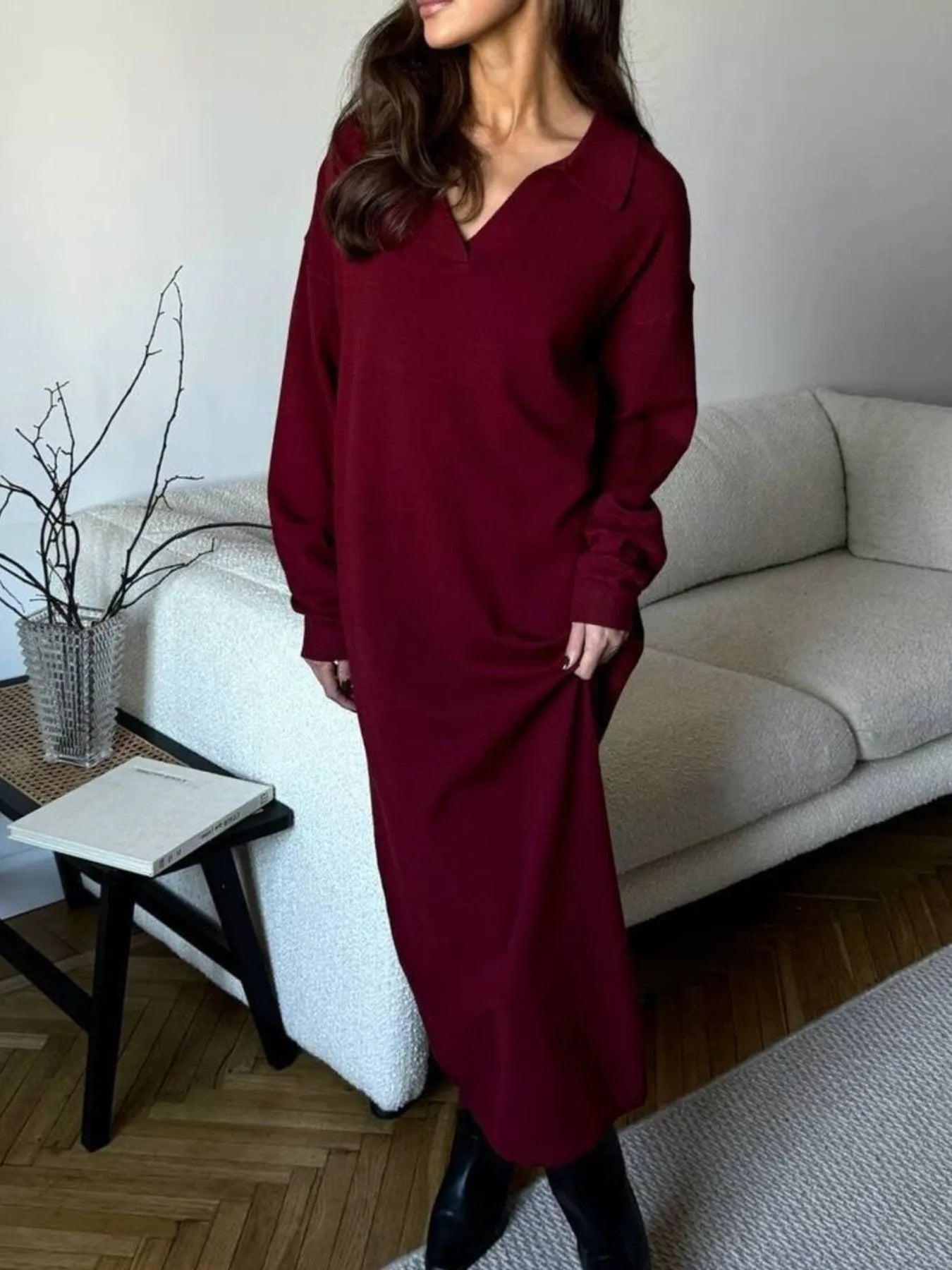 Long Sleeve Collared Neck Knit Dress Burgundy - Fashorio
