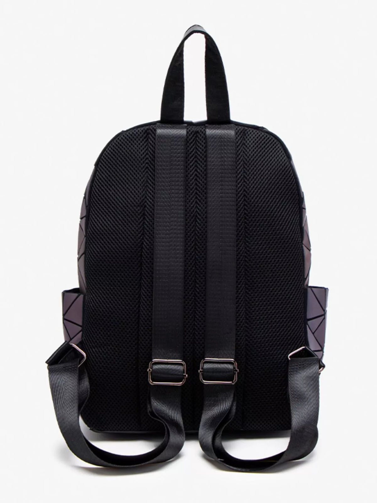 Plum purple geometric backpack worn on the back