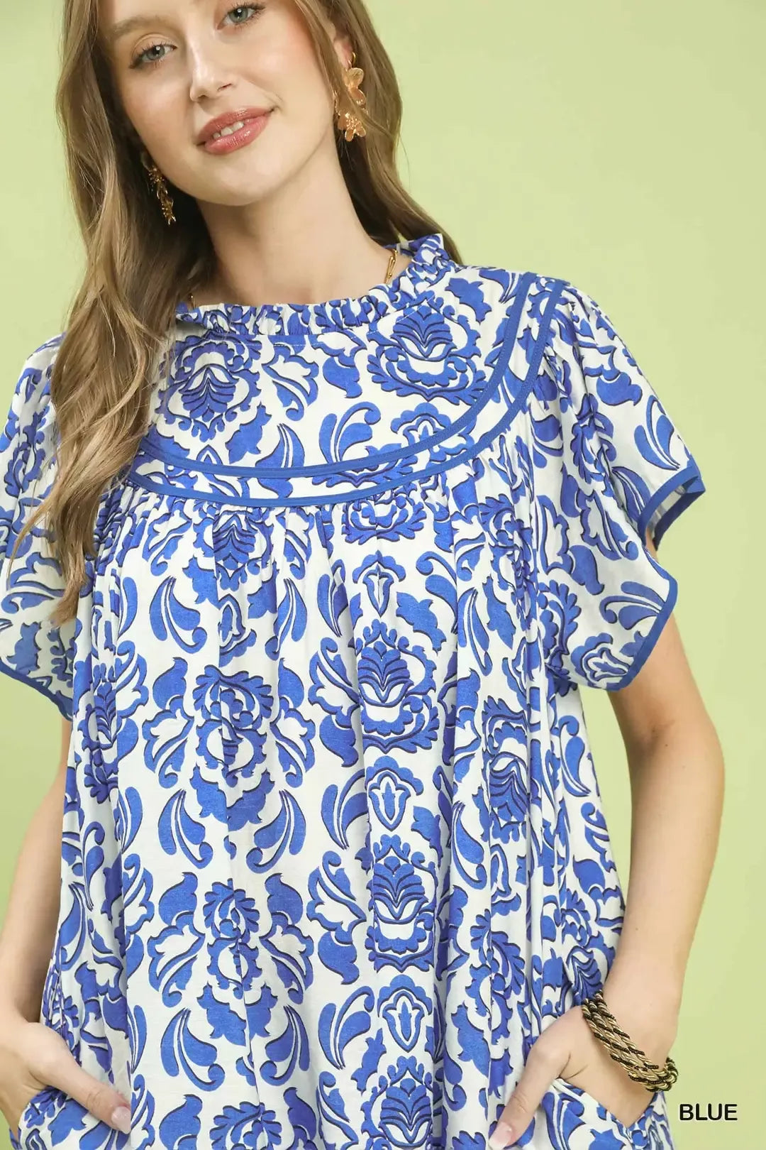 Abstract Print Babydoll Mini Dress in Blue detail