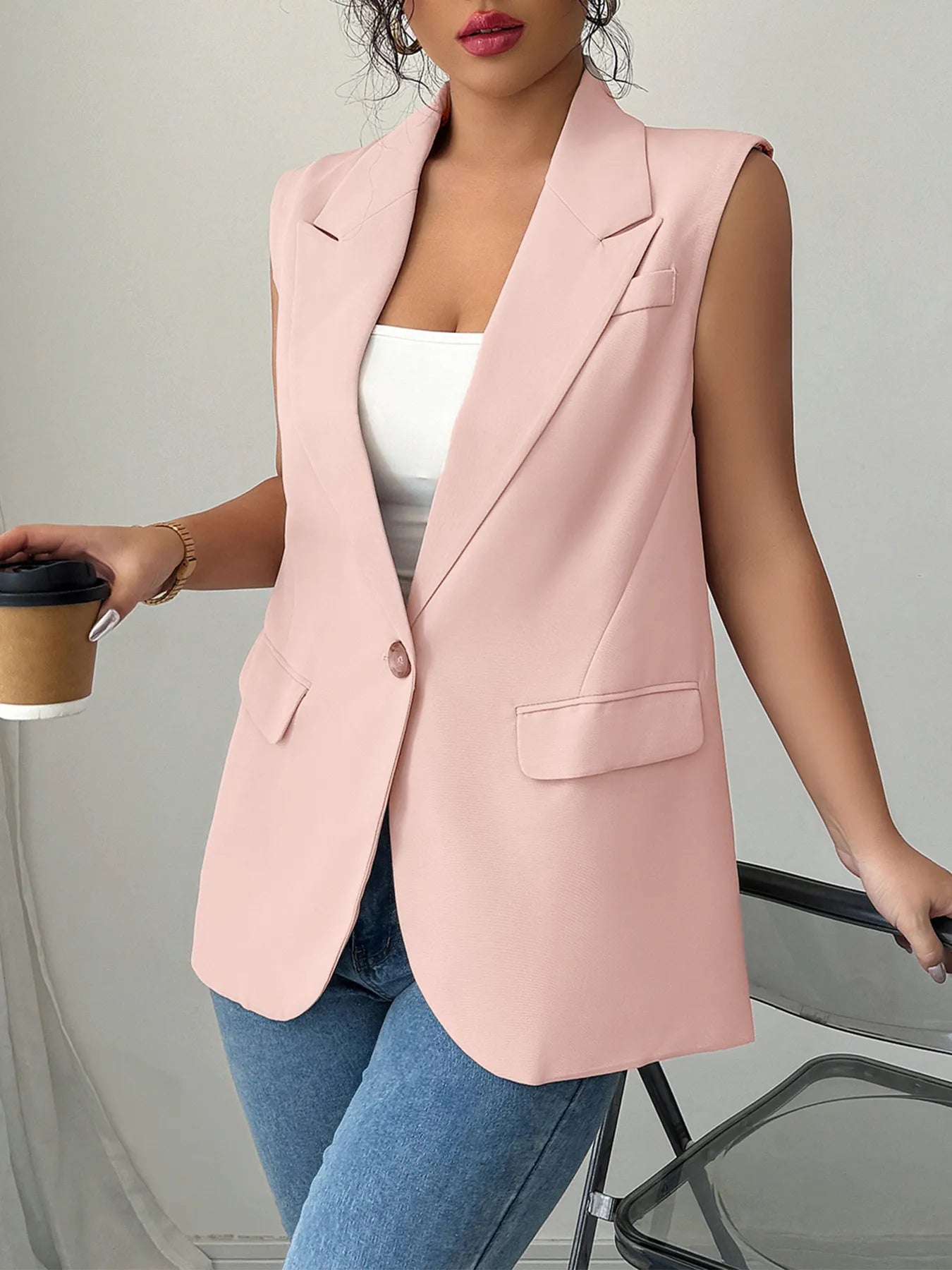One Button V-Neck Blazer Vest Coat Pink - Fashorio