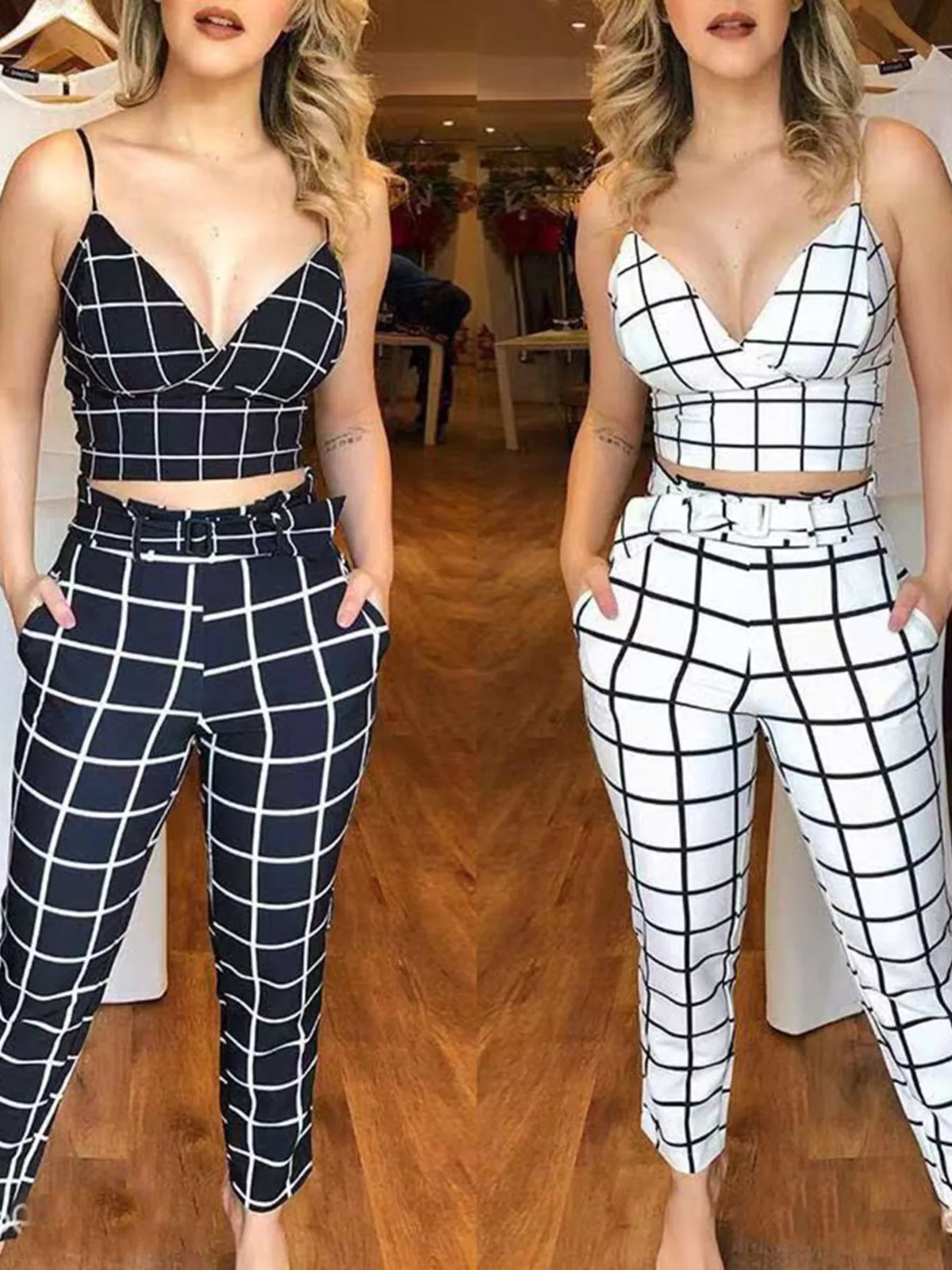 Grid print crop top pants set detail view