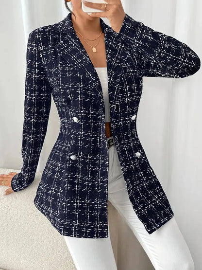 Tweed Double-Breasted Blazer Navy Blue - Fashorio
