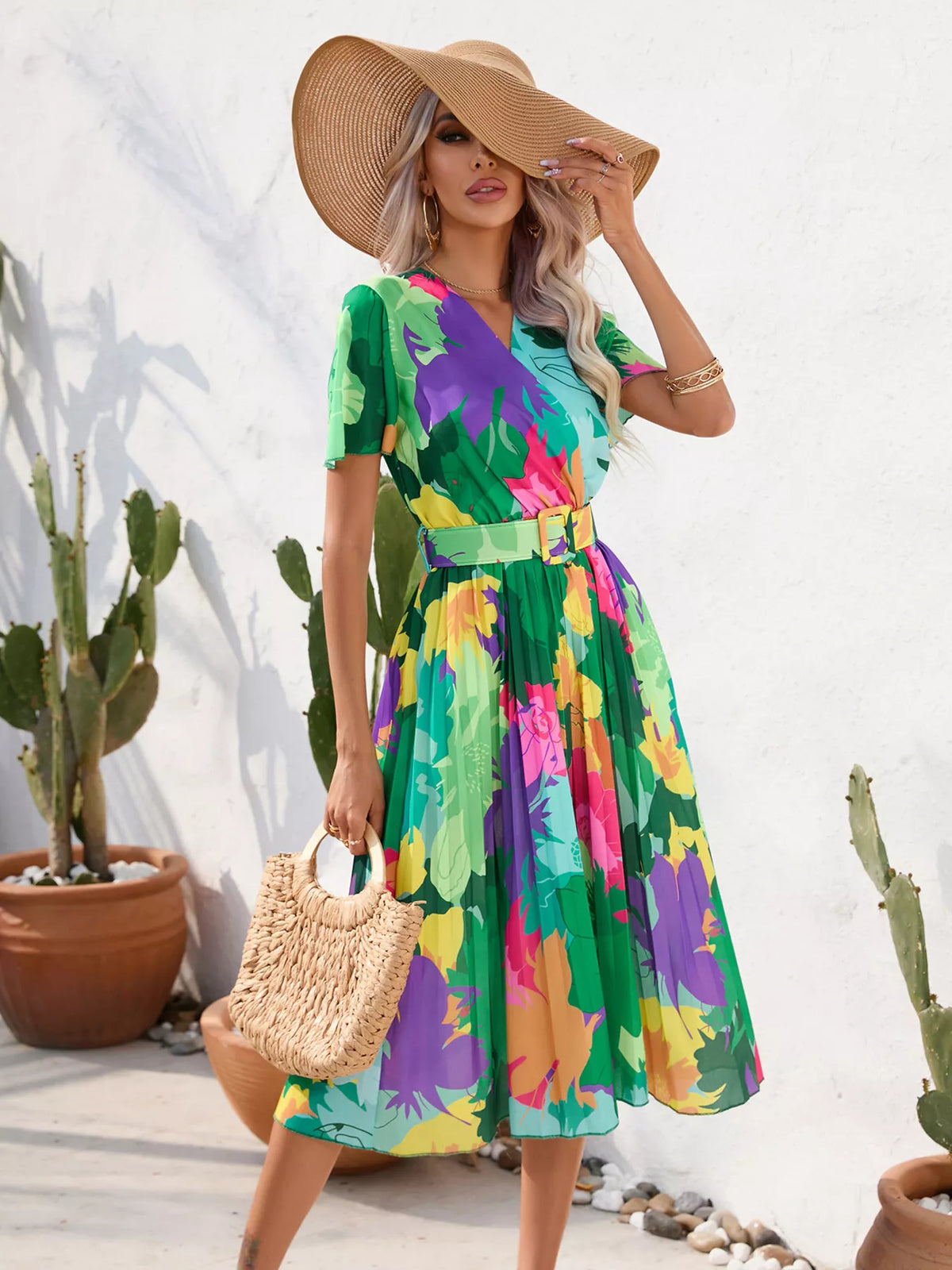 Midi dress styled with flat sandals
