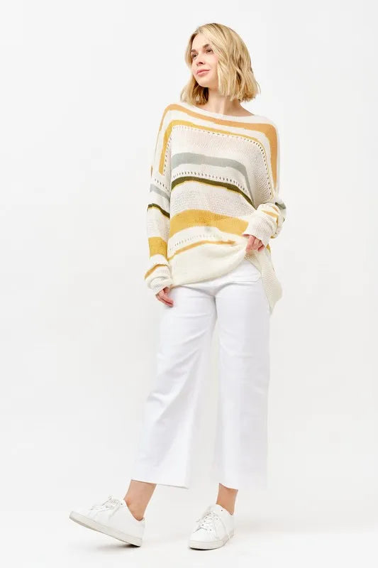 Abstract Stripe Lightweight Loose Sweater in Multi Color on model