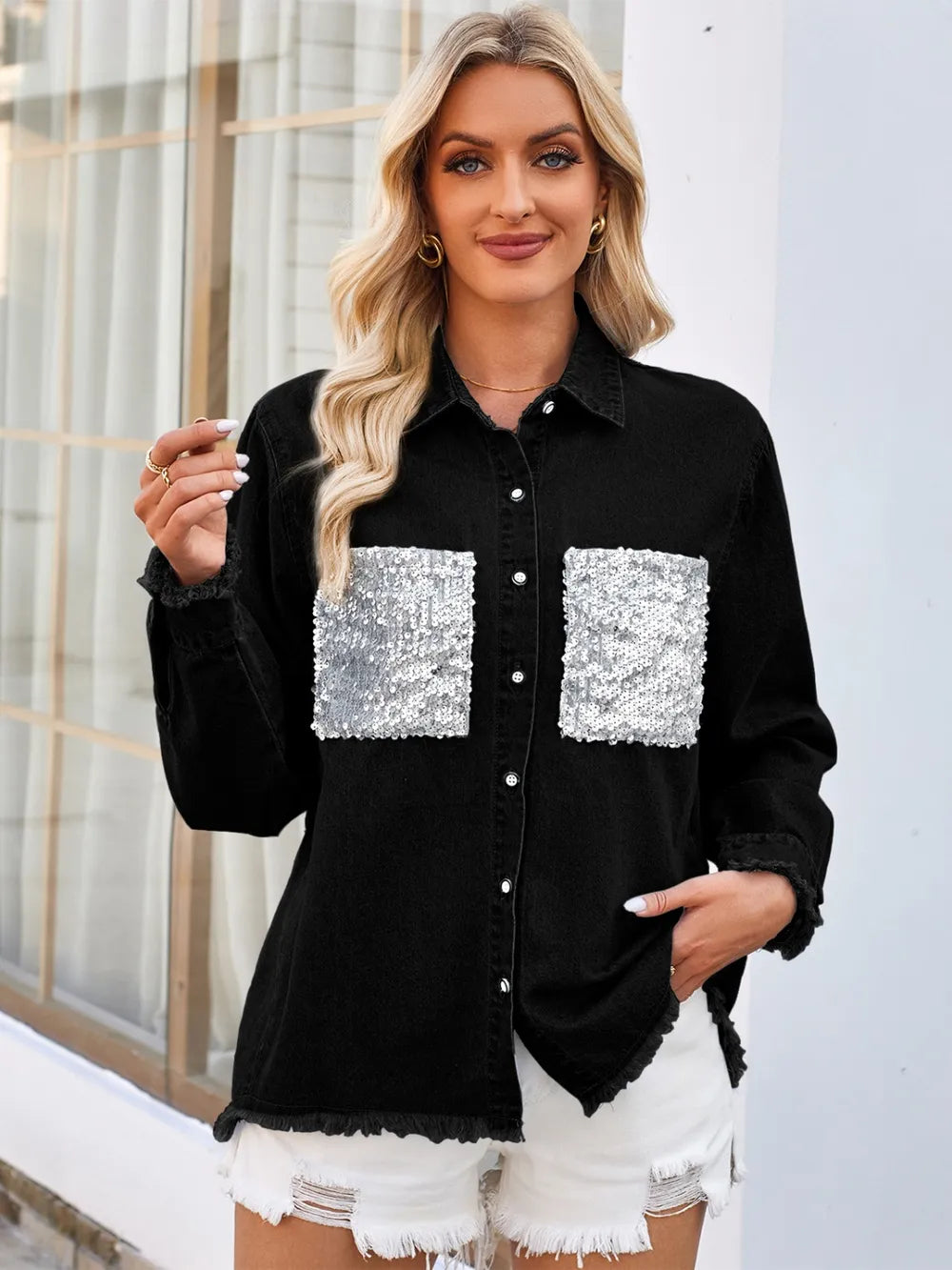Raw Hem Denim Jacket with Sequin Pockets in Black