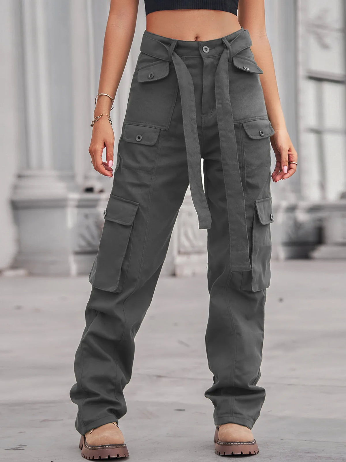 High waist cargo denim angled view