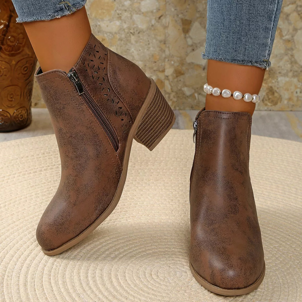 Point toe block heel boots front view