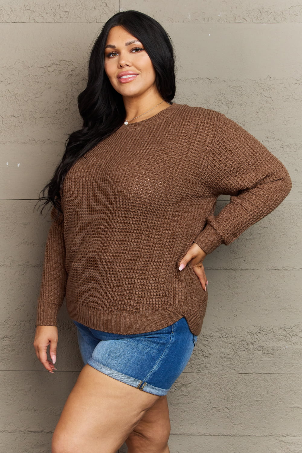 High Low Waffle Knit Sweater Plus Size in Brown side view