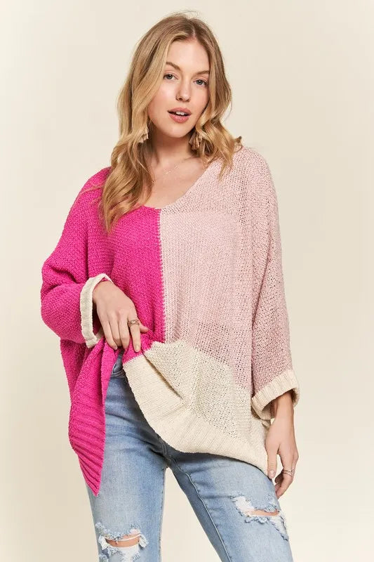 Side Slit Color Block Long Sleeve Sweater in Hot Pink side view