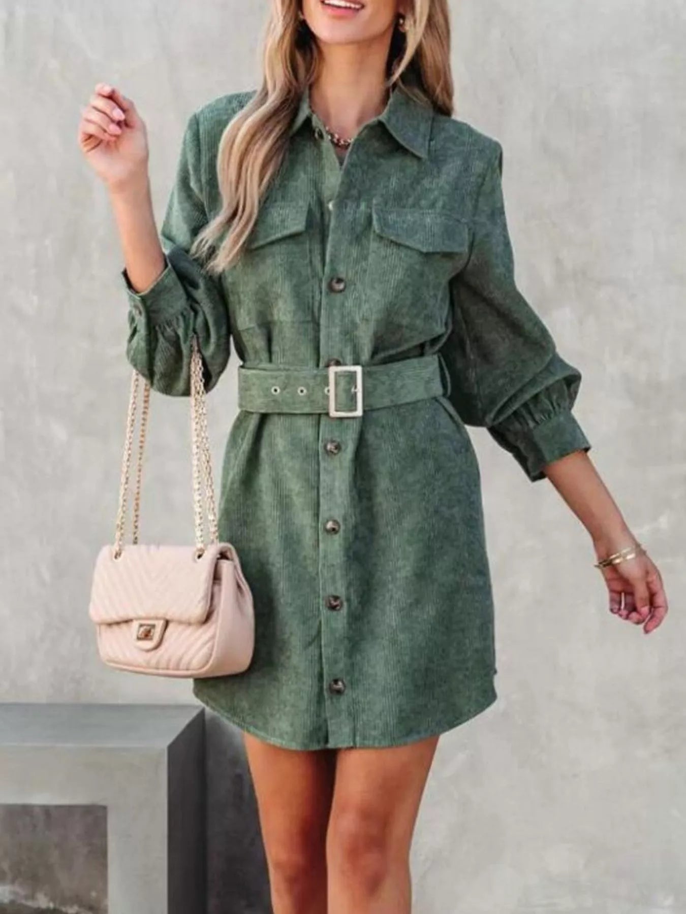 Button Front Belt Long Sleeve Corduroy Dress - Fashorio
