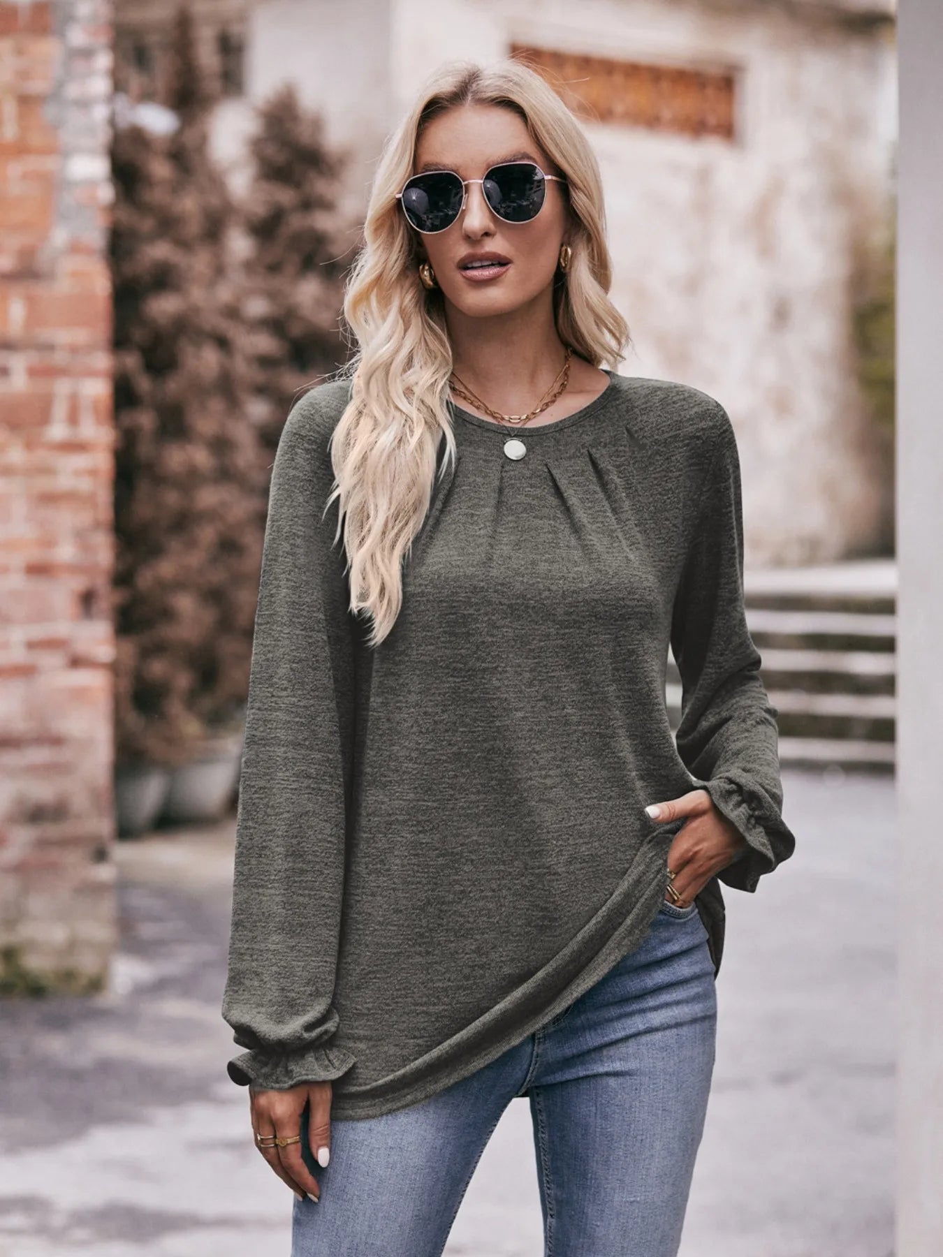 Round Neck Long Sleeve Casual T-Shirt - Fashorio