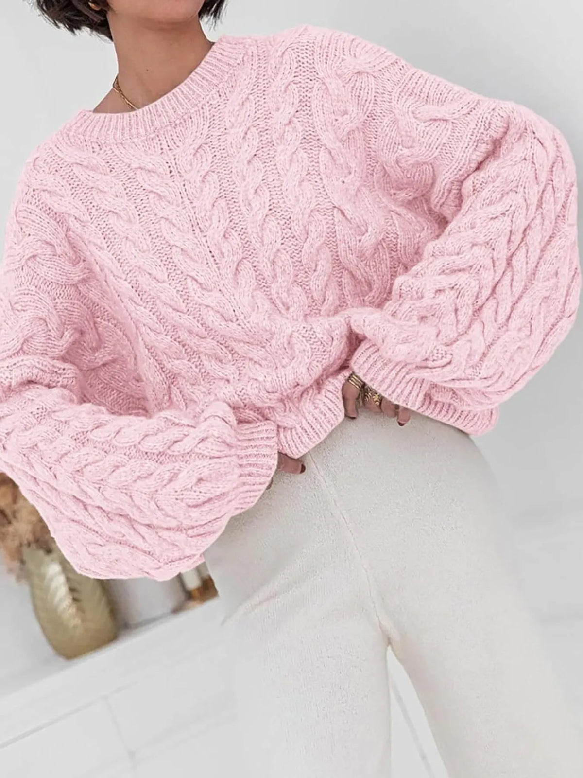 cable knit long sleeve sweater styled outfit view