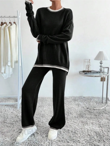 Side Slit Contrast Trim Round Neck Top and Pants Sweater Set - Fashorio