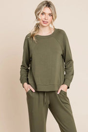 Super Lady Round Neck Raglan Sleeve Top and Pants Lounge Set Olive - Fashorio
