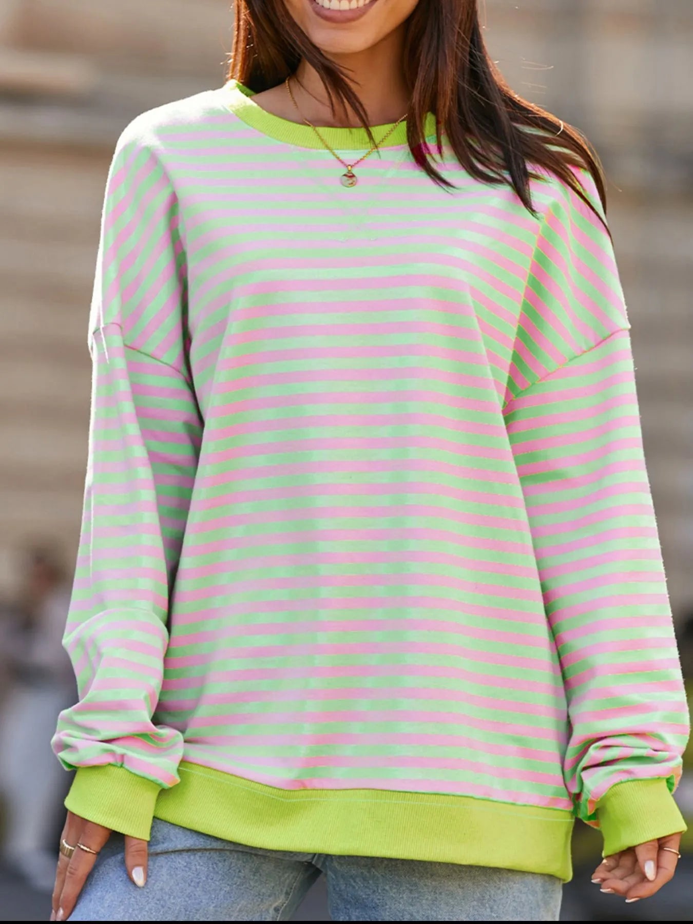 Striped Contrast Ribbed Trim Drop Shoulder Sweatshirt - Fashorio