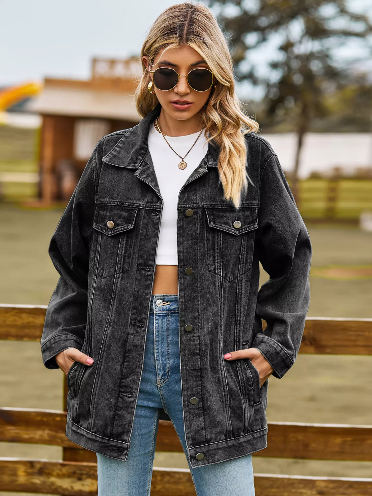 Button Up Denim Jacket in Dusty Pink on model