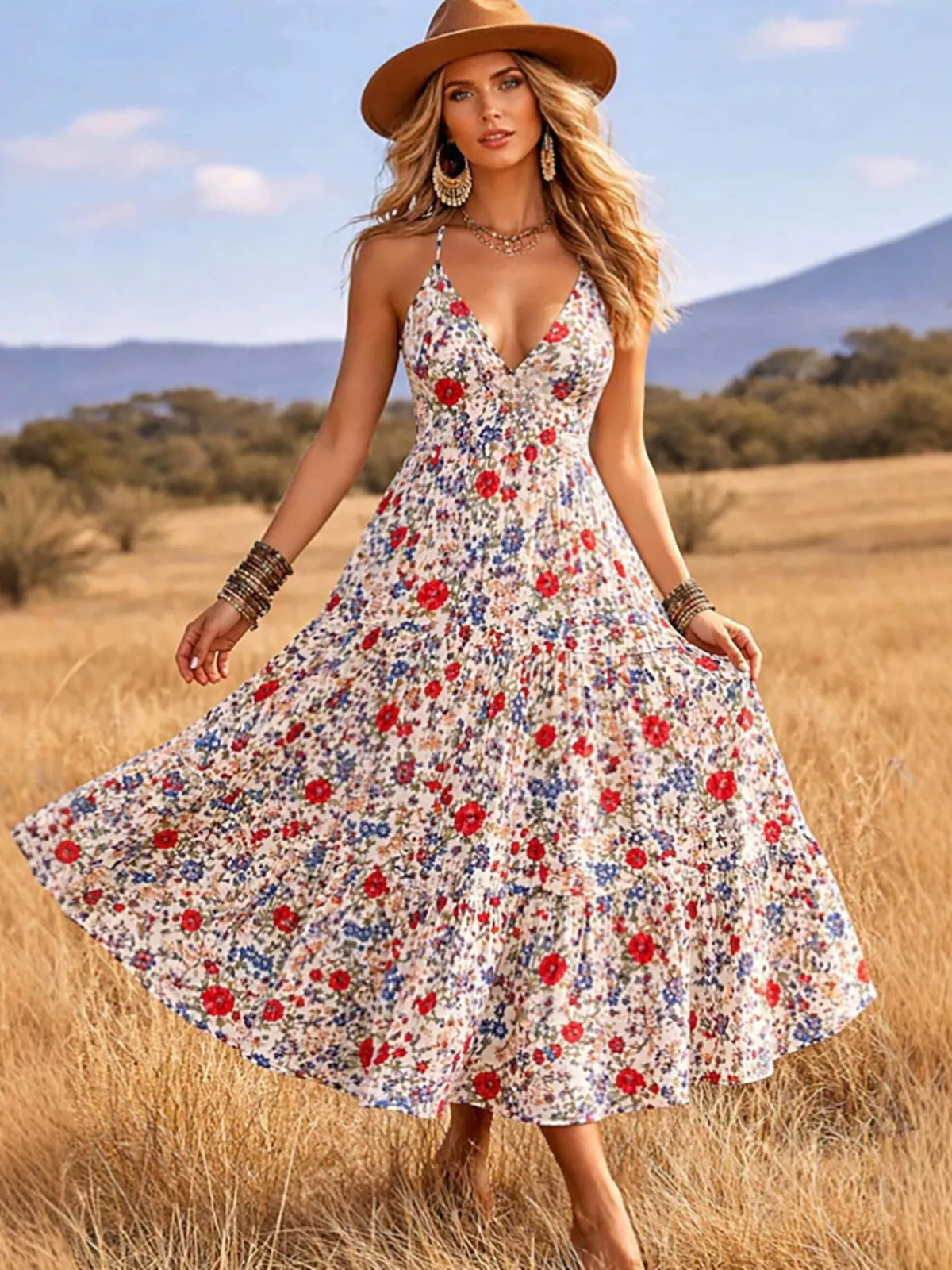 Pink floral print V neck tiered midi dress front view