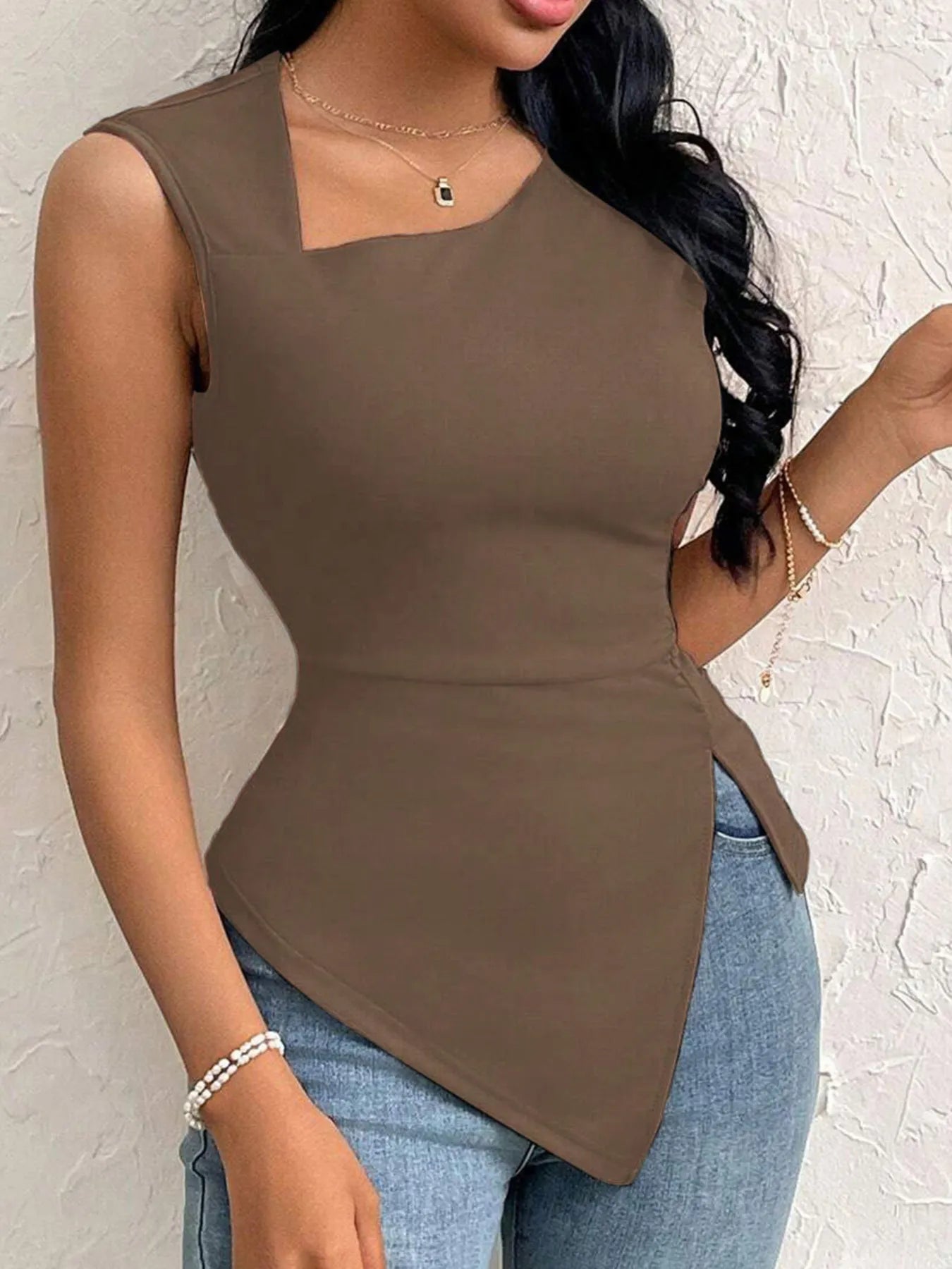 Slit Asymmetrical Tank Top Brown - Fashorio