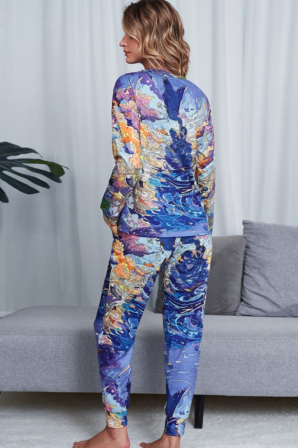 Shiny Tie-Dye Crewneck Top and Drawstring Waist Joggers Lounge Set - Fashorio