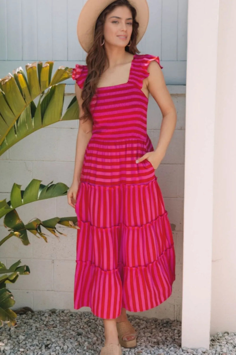 Striped flutter sleeve tiered maxi dress front view