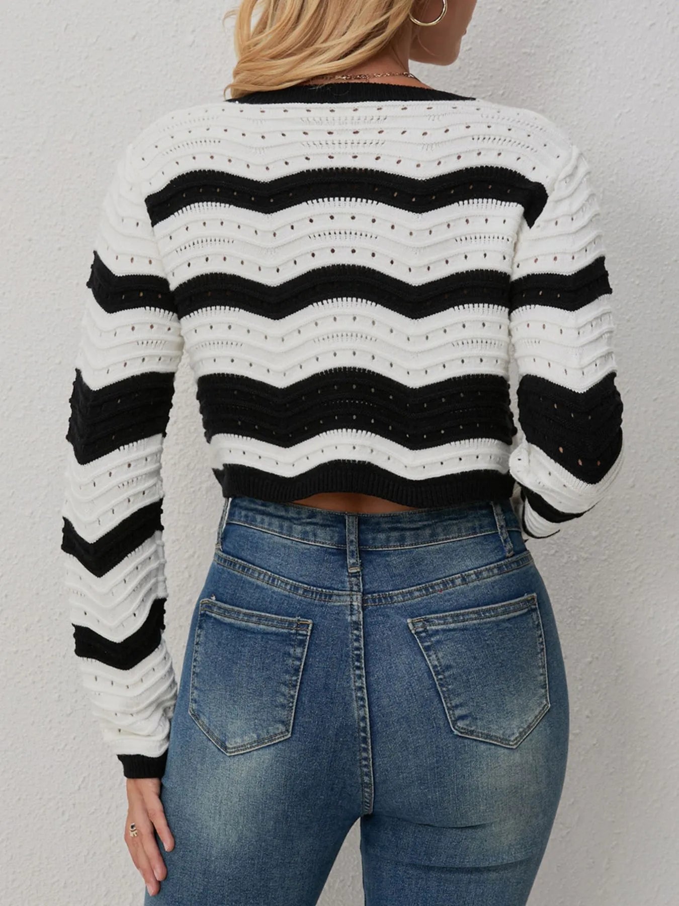 Striped Knit Button-Up Cropped Cardigan - Fashorio
