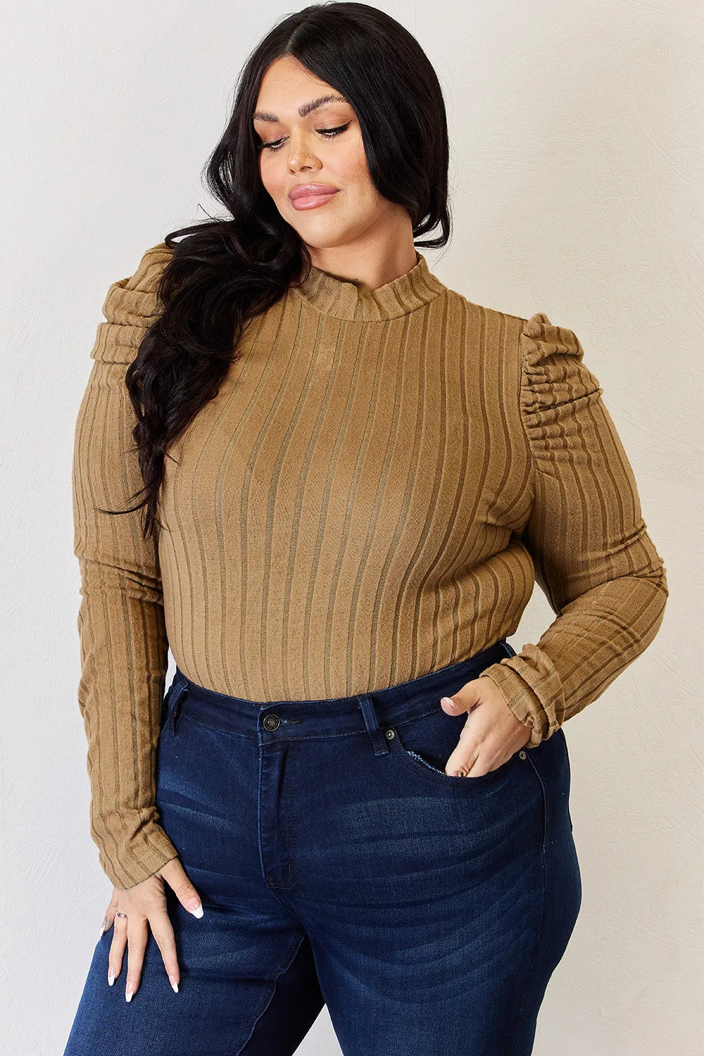 Basic Bae Ribbed Mock Neck Puff Sleeve Top, view 30