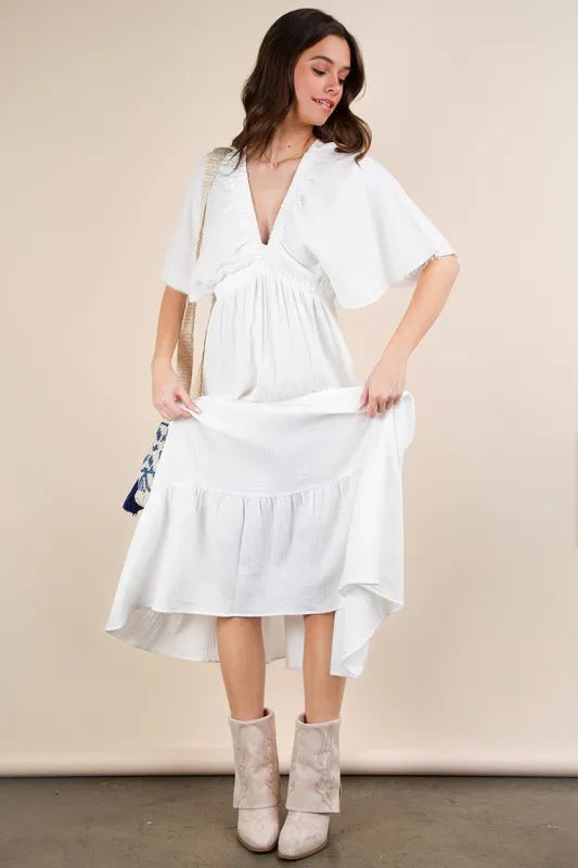Mineral Washed Elastic Neck Detail Midi Dress side view