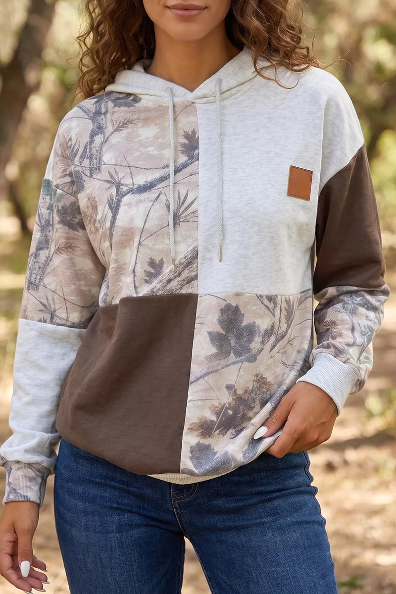 Mocha camo print drawstring hoodie front view