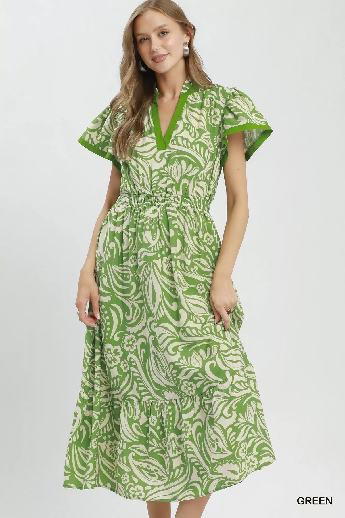 Green paisley print midi dress front view