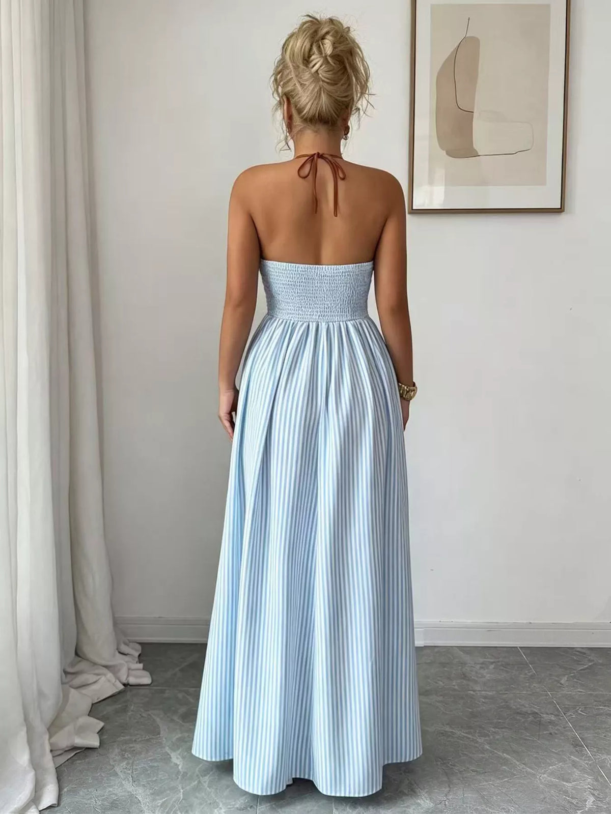 Khaki striped smocked maxi dress side view