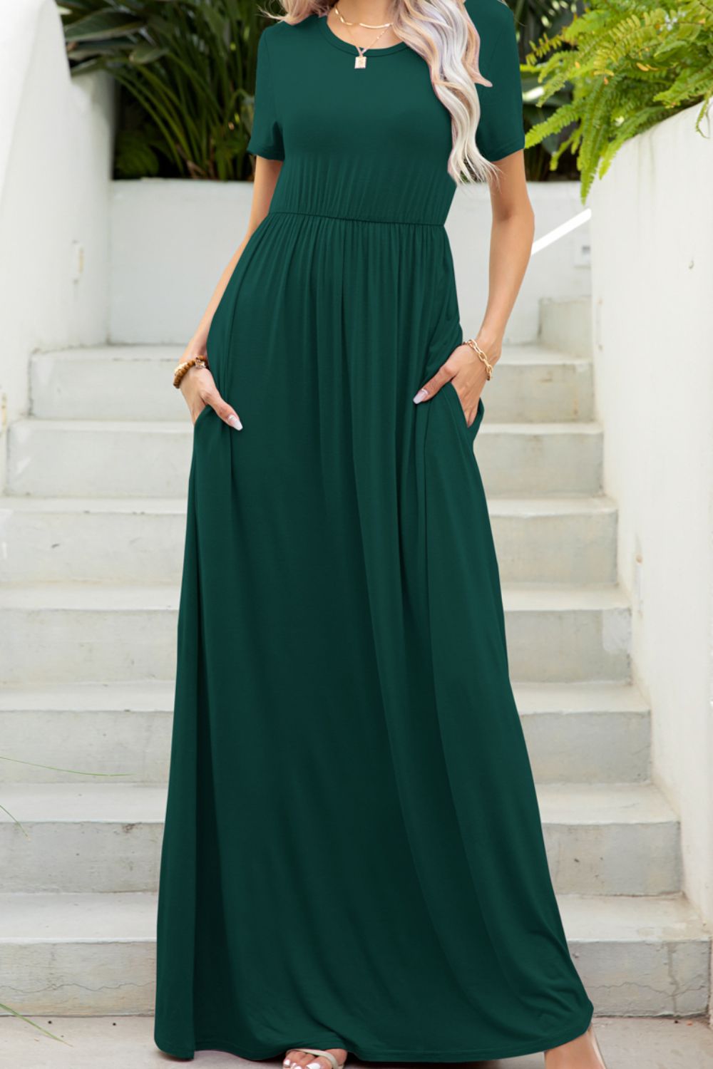 round neck maxi tee dress with pockets fabric detail