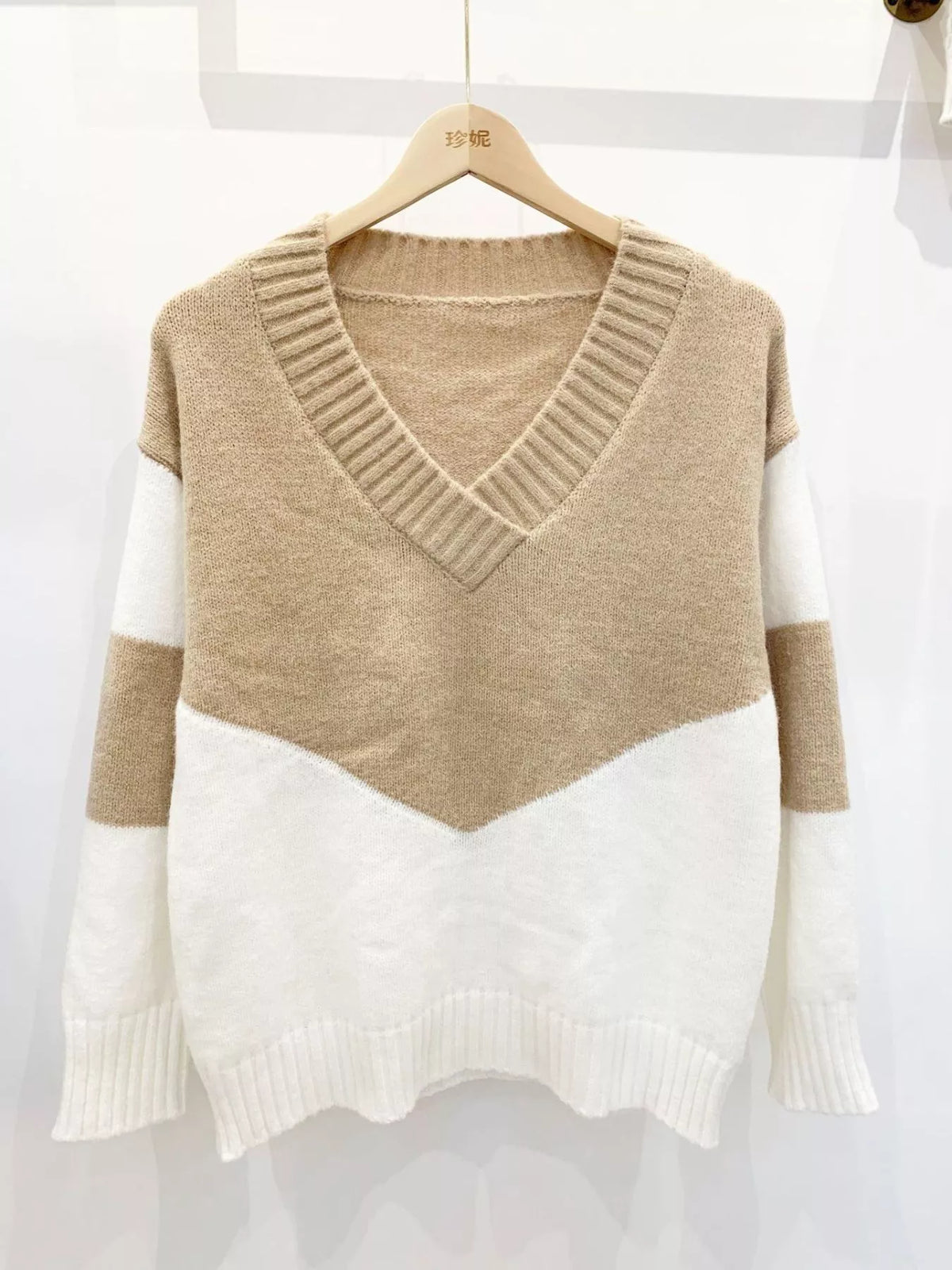 color block v neck knit sweater styled full outfit
