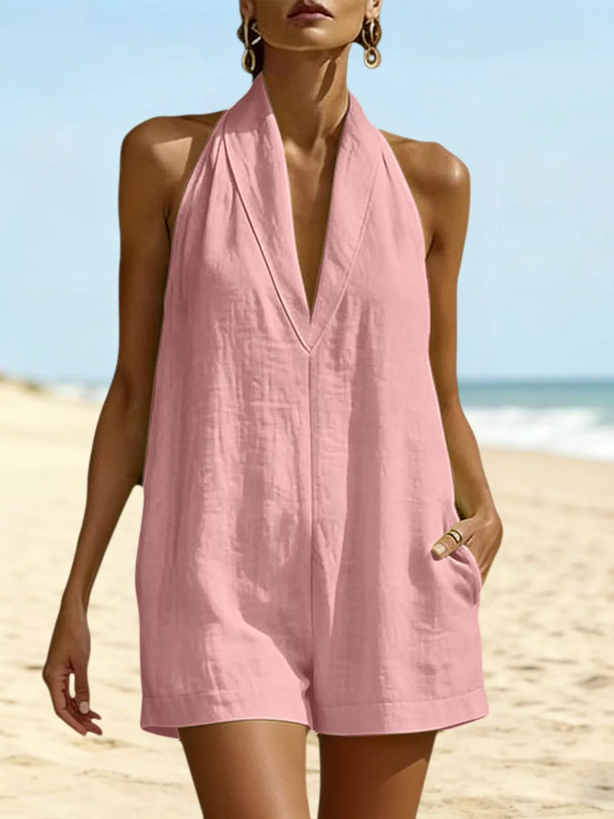 Halter neck romper with pockets front view
