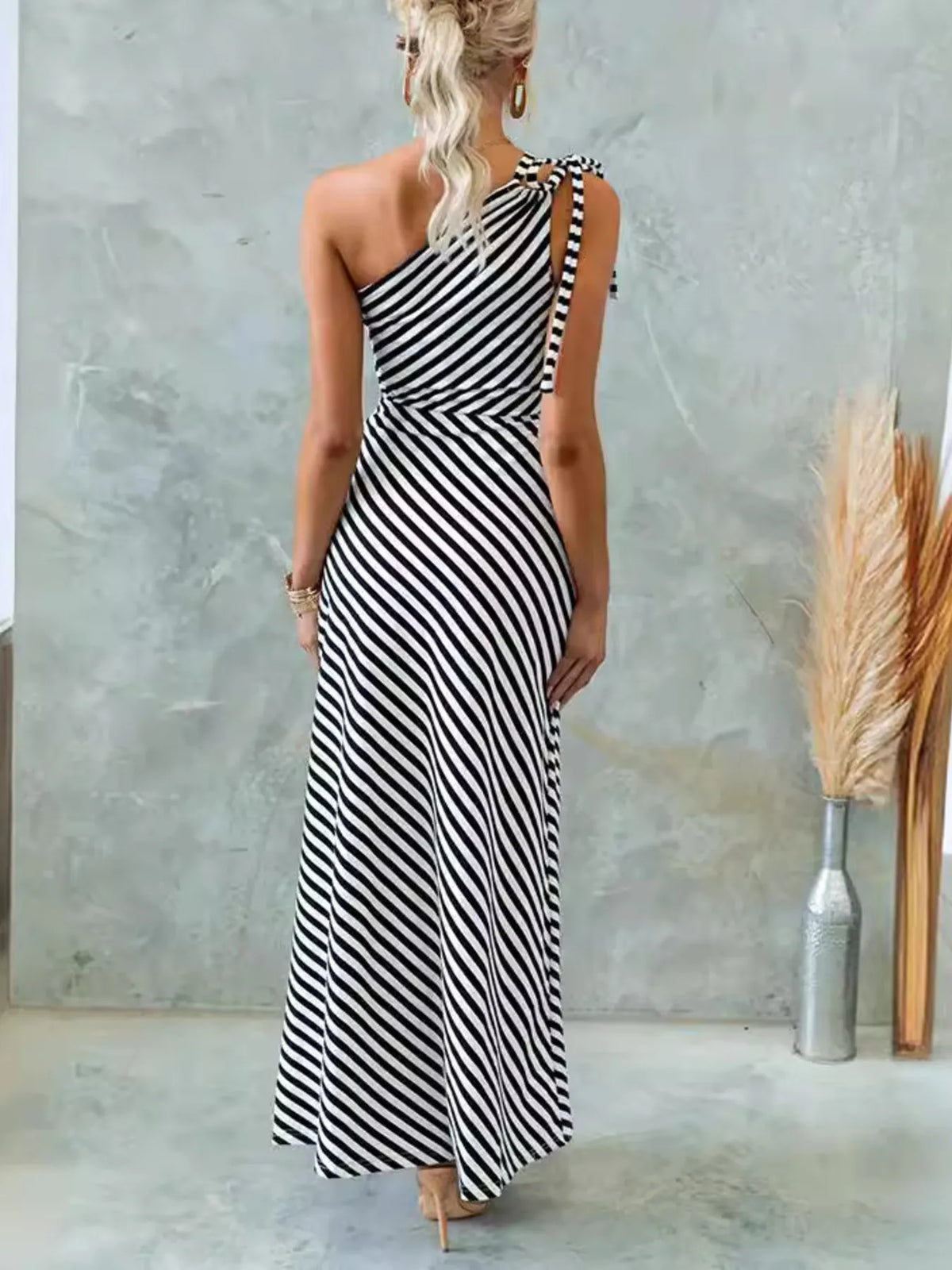One shoulder striped maxi dress full length view