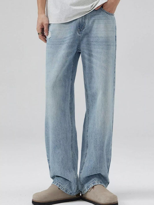Men's Full Size Distressed Washed Straight Leg Relaxed Fit Jeans Plus Size Ice Blue - Fashorio
