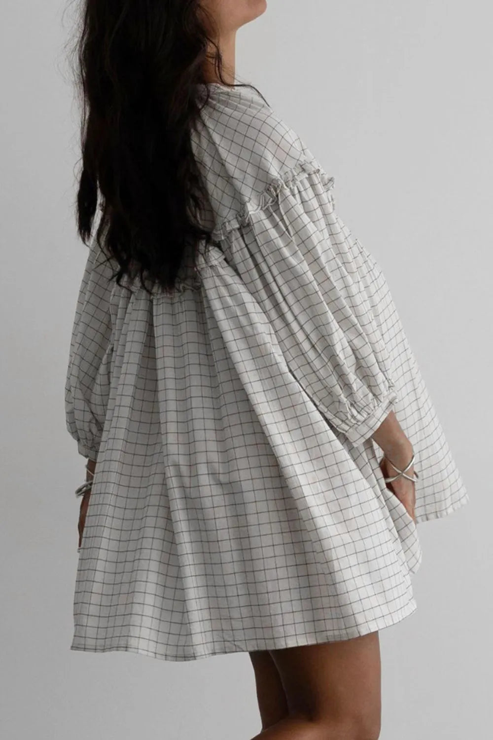 Frill Plaid Balloon Sleeve Mini Dress in White back view