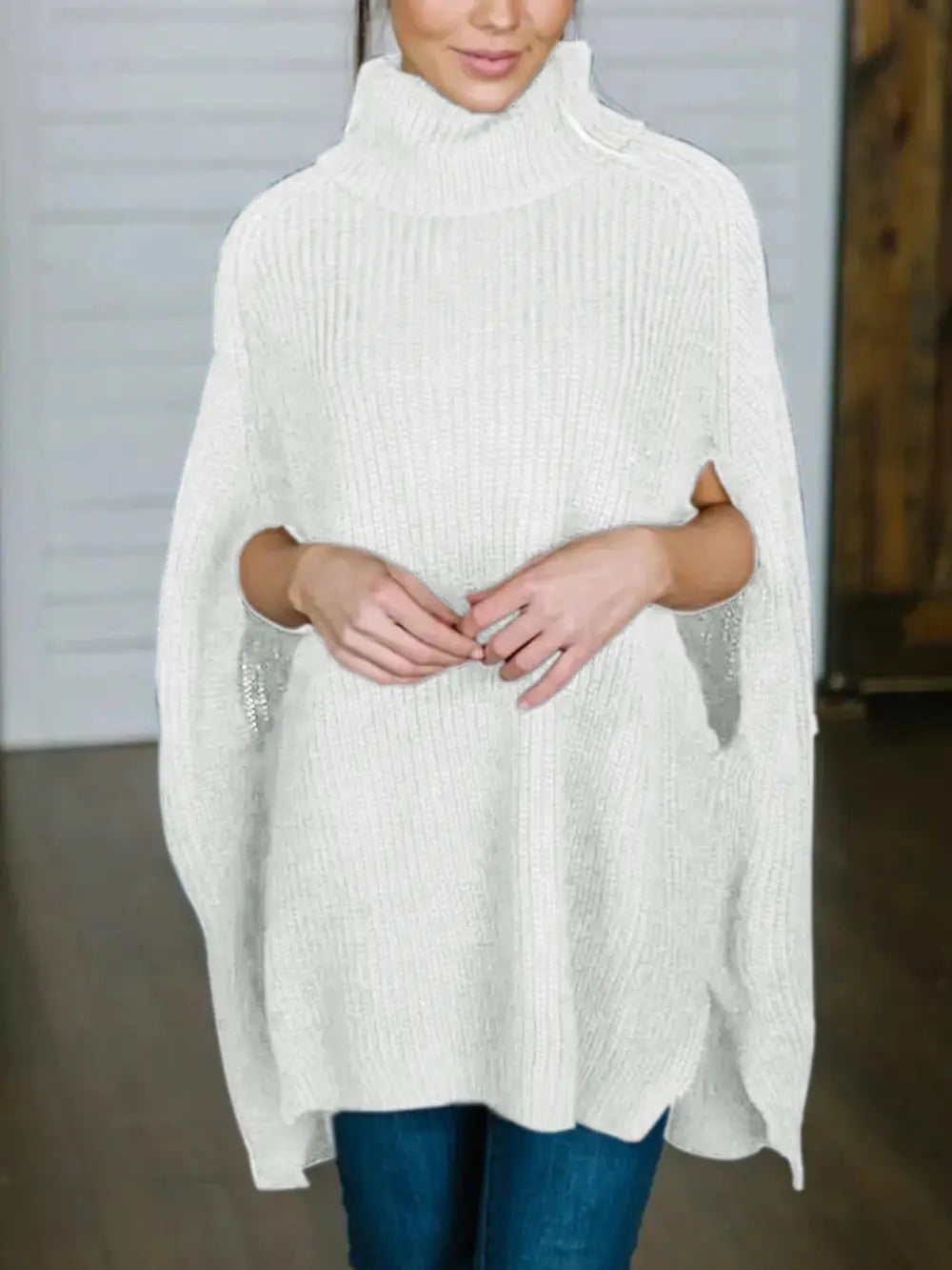 Turtleneck Slit Sweater White One Size - Fashorio
