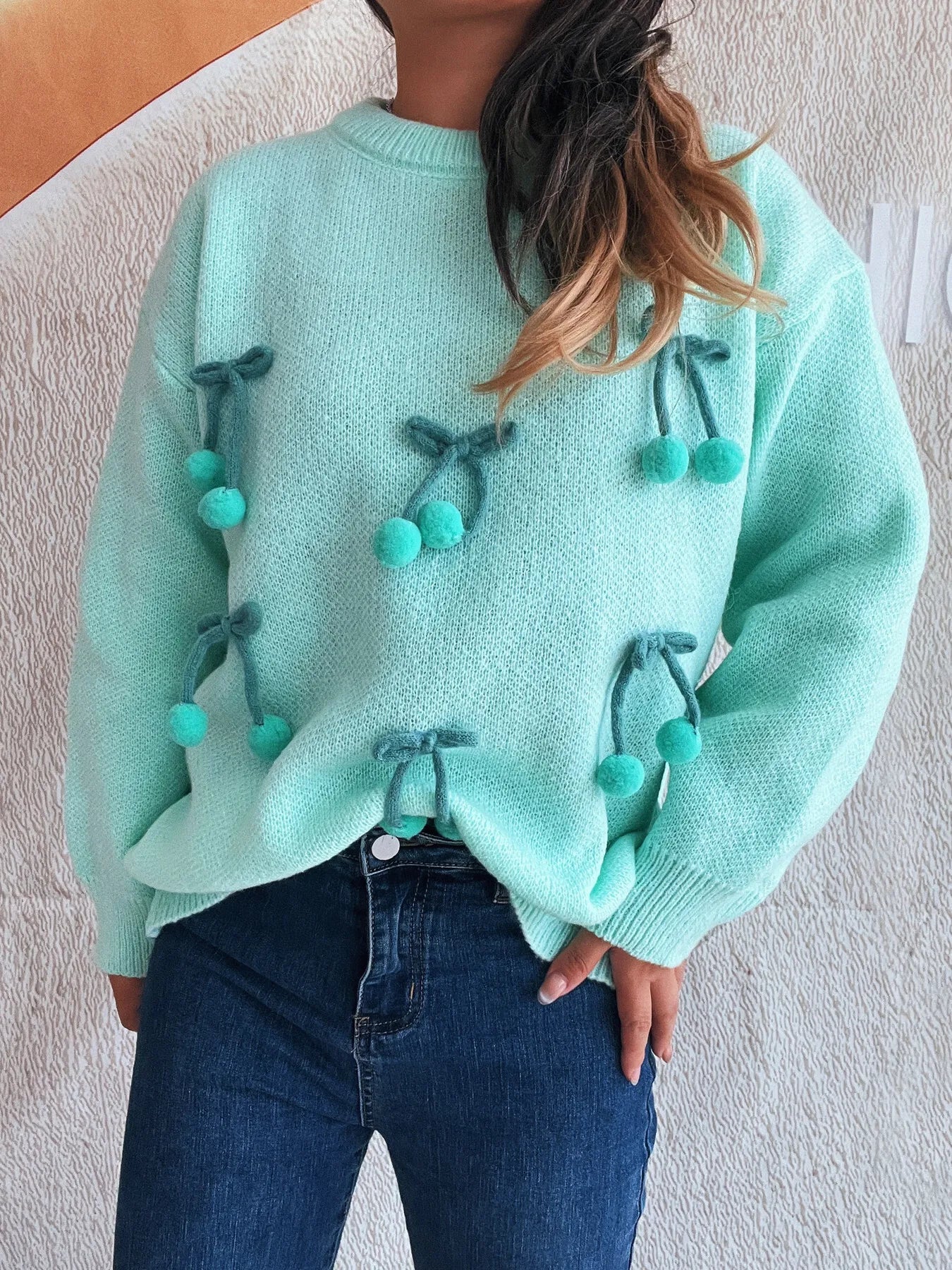 Cherry Round Neck Long Sleeve Sweater - Fashorio