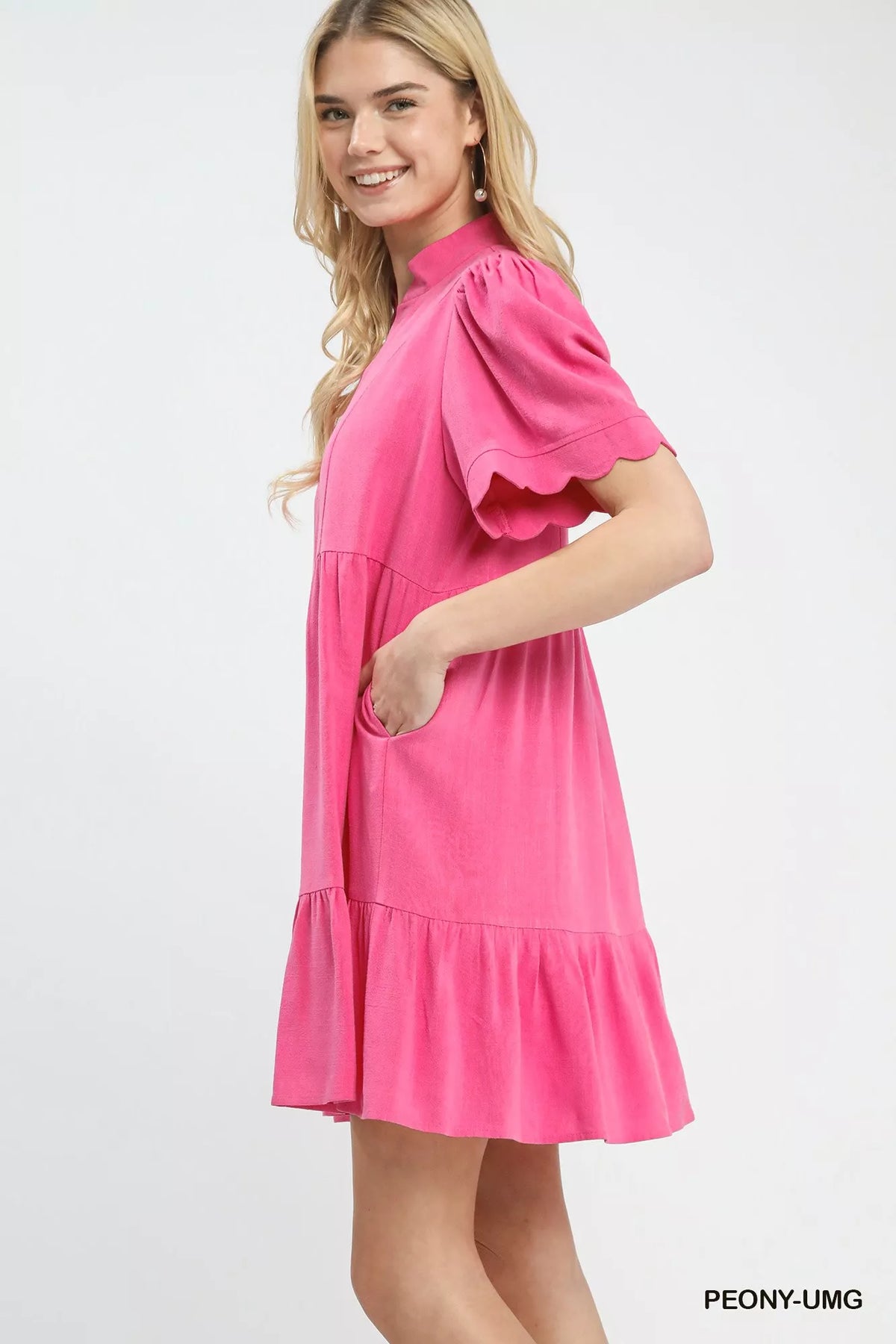 Linen Tiered Babydoll Dress with Scalloped Sleeves back view