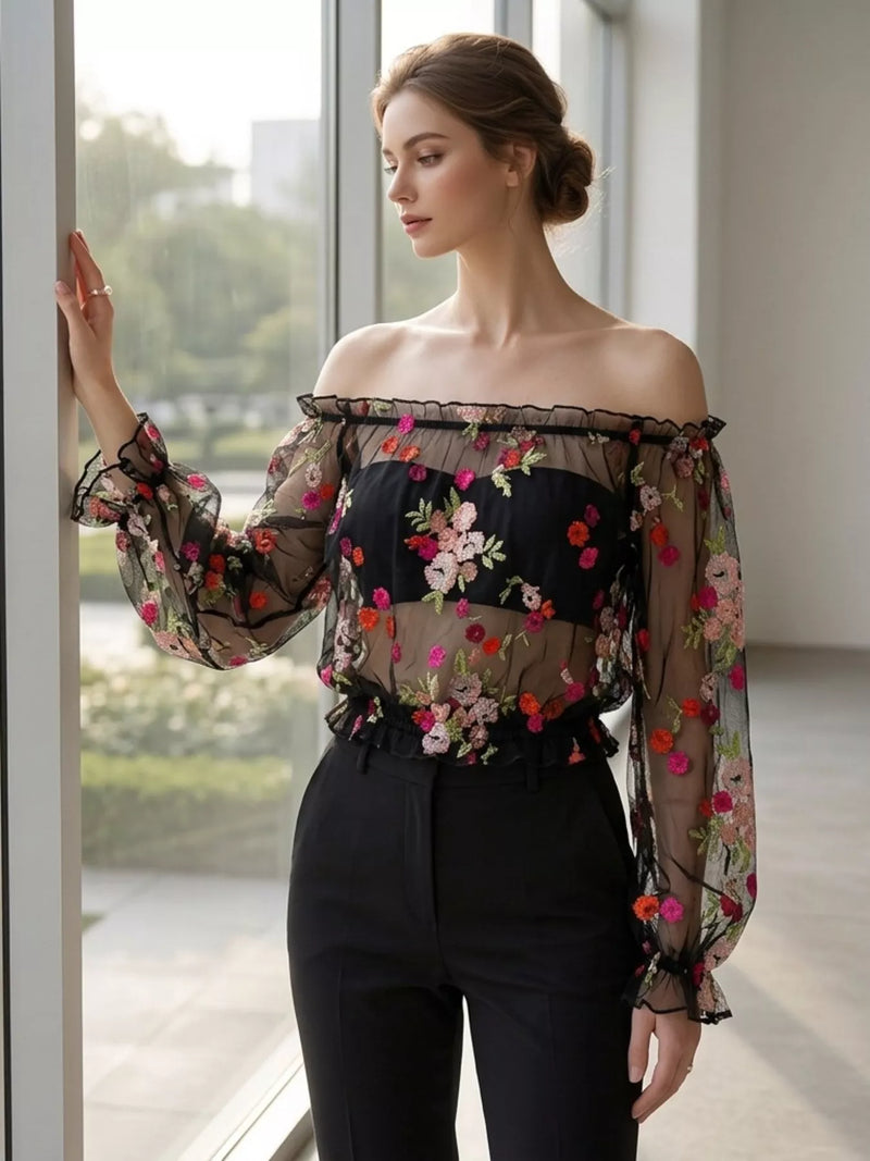 Floral embroidered off shoulder mesh top front