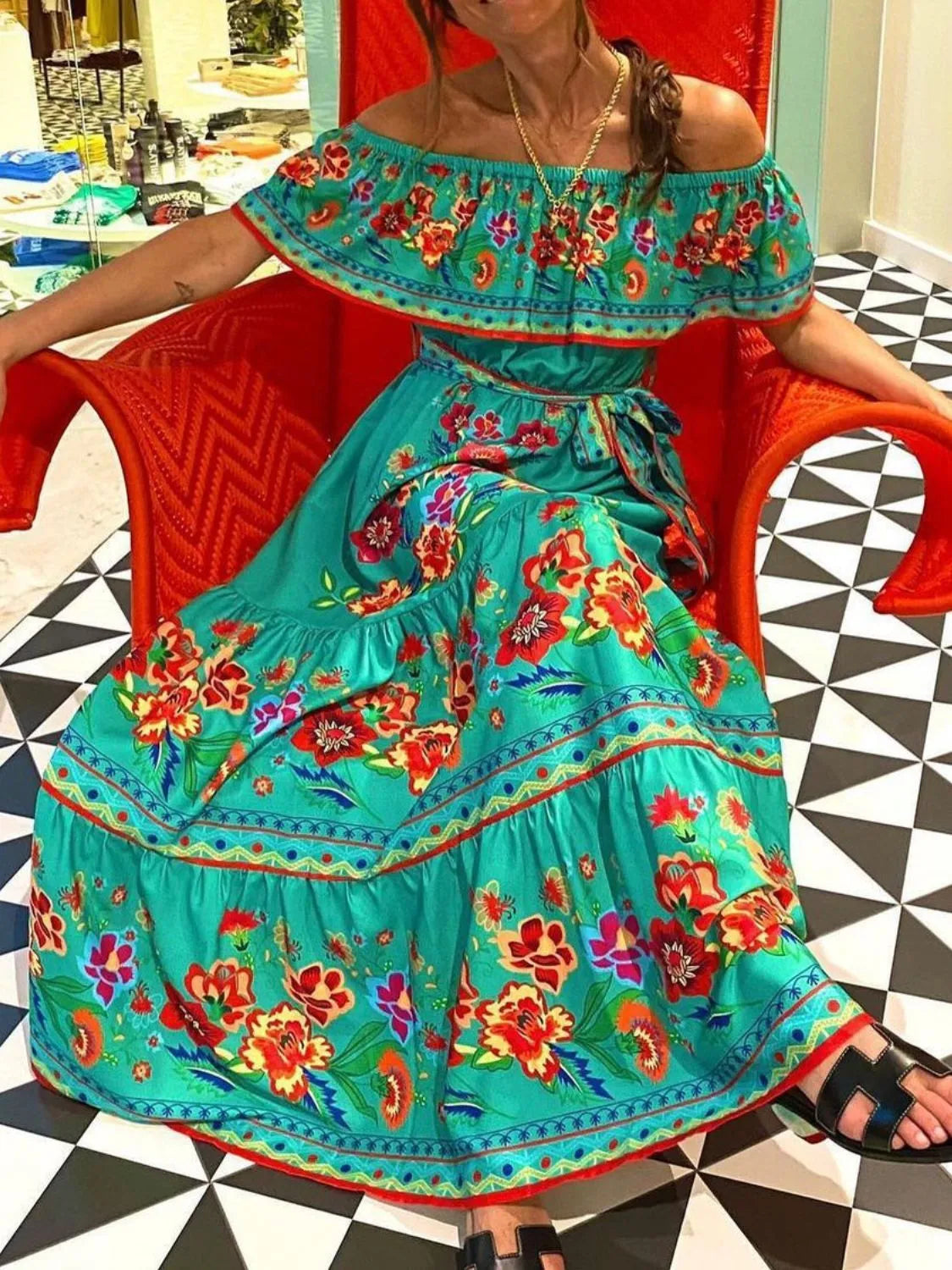 Floral off shoulder ruffle maxi dress view 14
