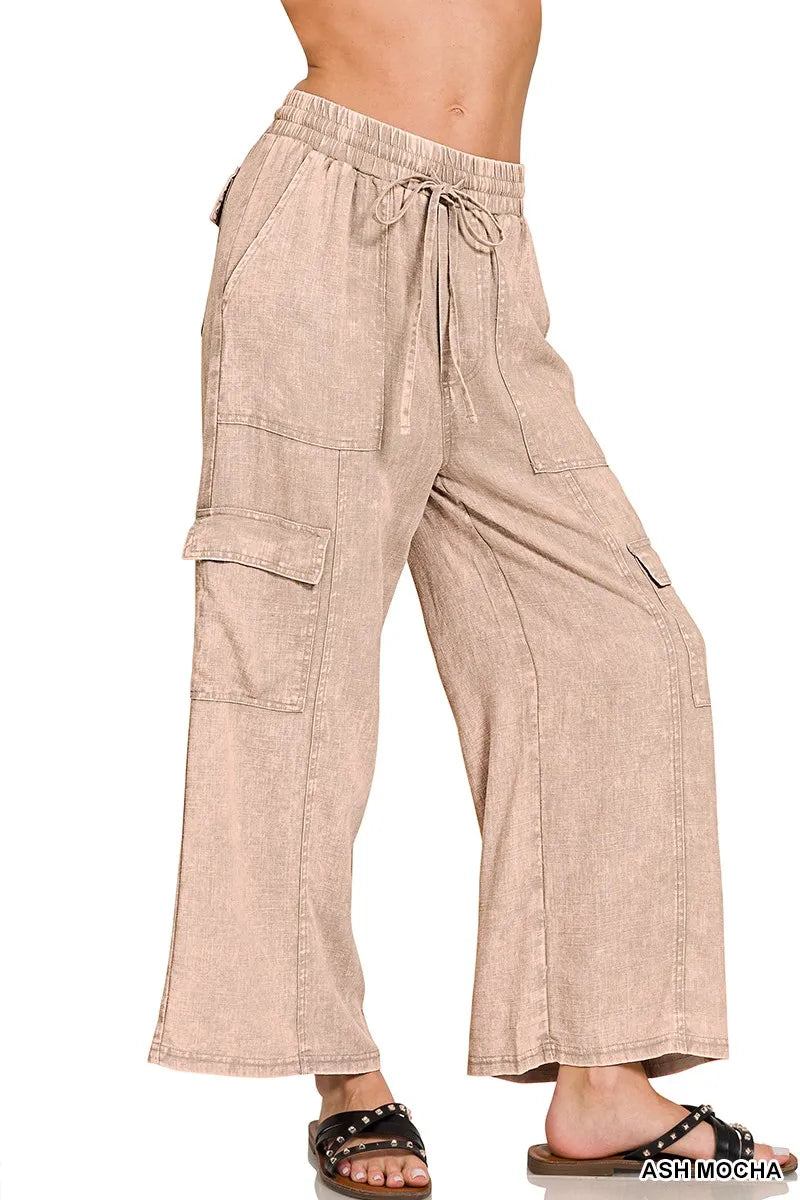 Zenana Washed Linen Elastic Band Waist Cargo Pants - Fashorio