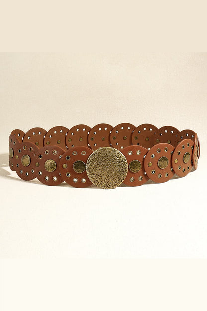Round Shape PU Leather Belt Brown Style A One Size - Fashorio