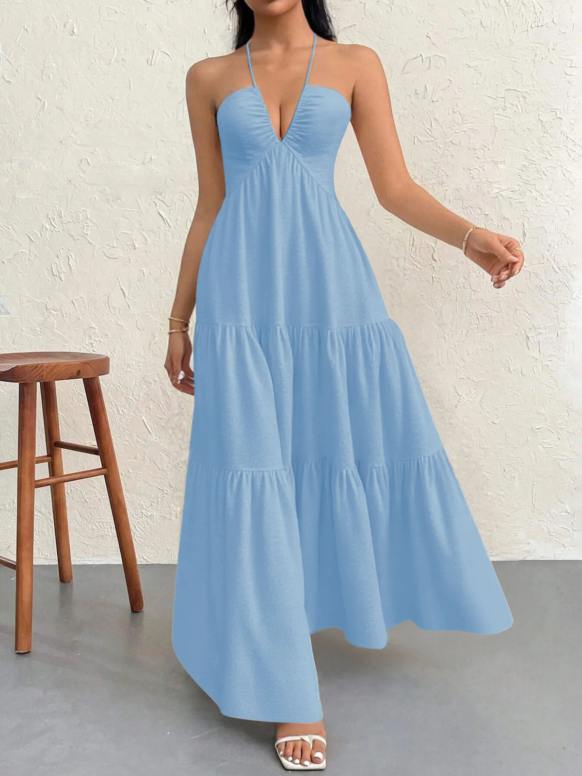halter neck tiered backless maxi dress fabric texture