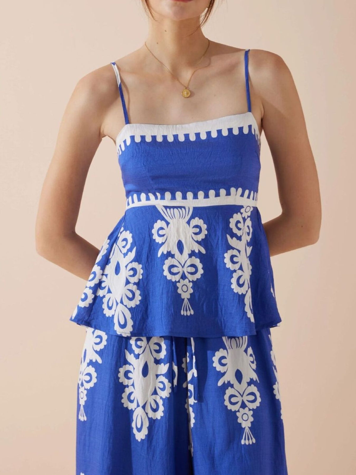 Printed cami and wide leg pants set back view