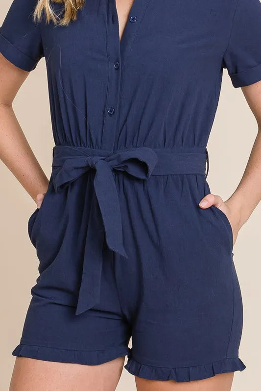 Collared Button Down Romper with Tie Belt close up