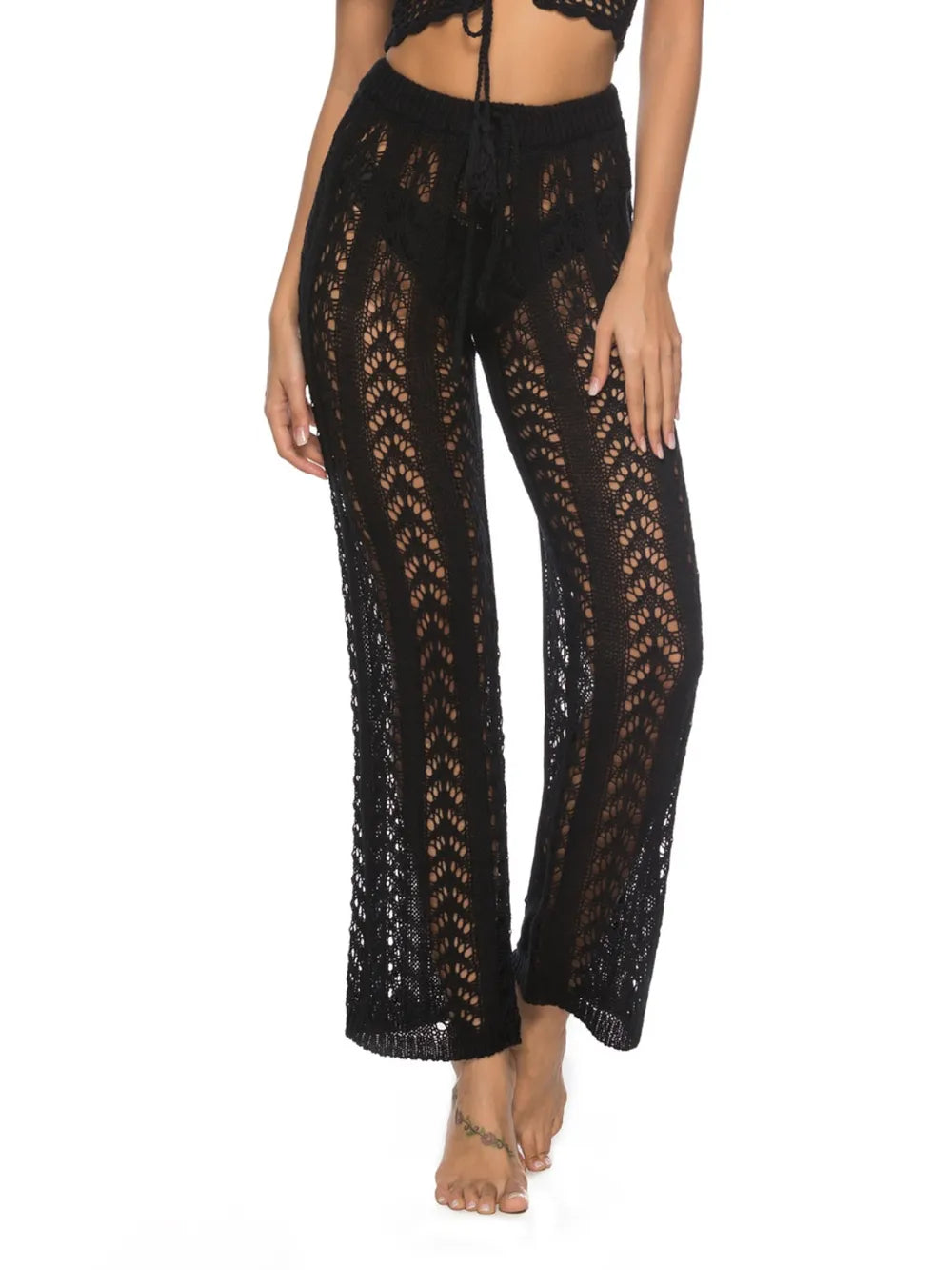 Cutout Drawstring High Waist Swim Pants Black - Fashorio