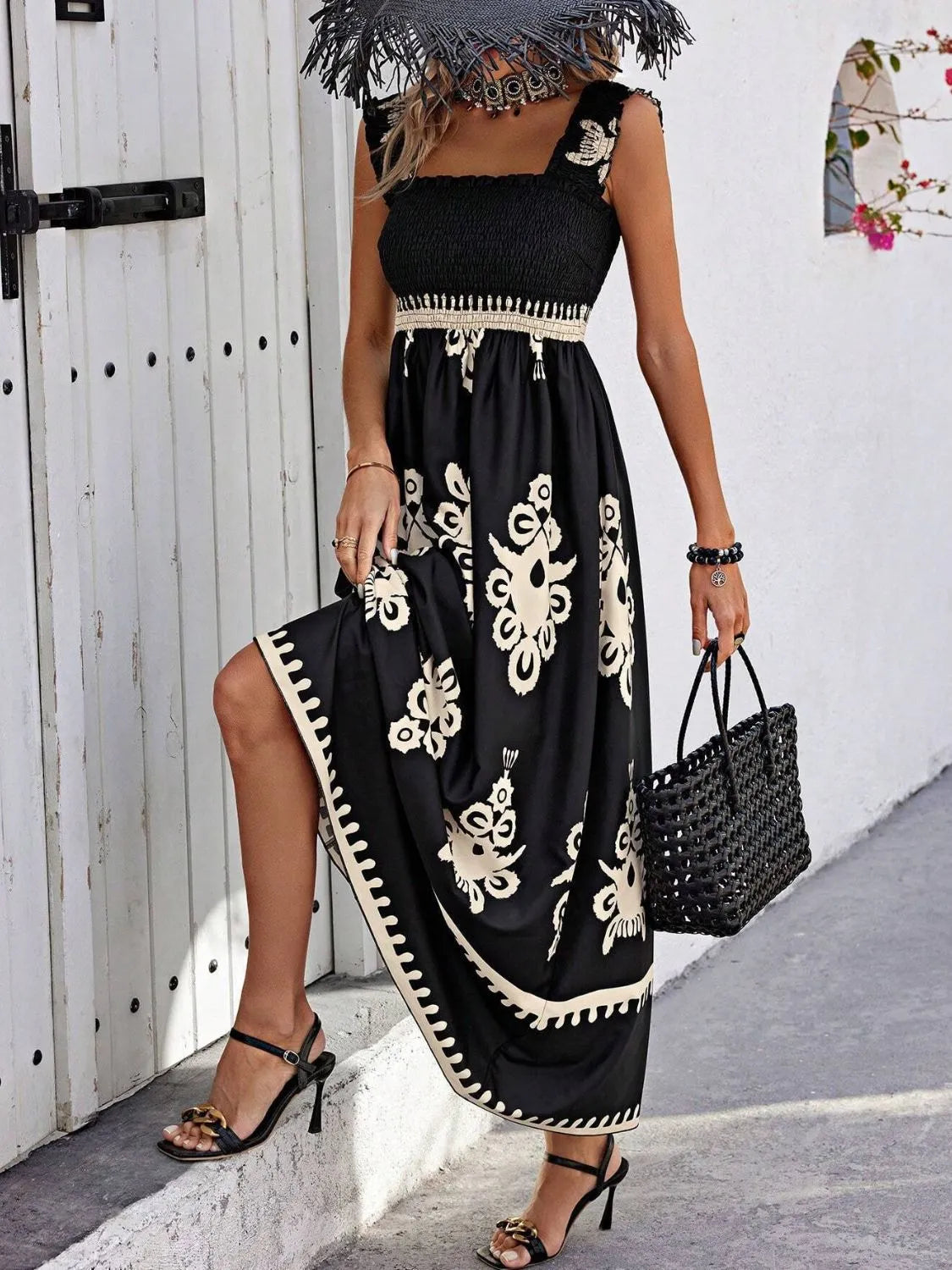 Wide strap flowy maxi dress side